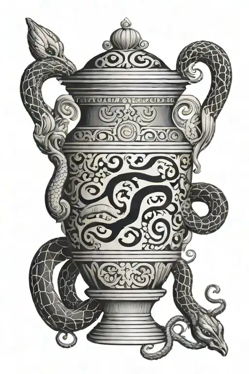 Greek vase with mythological details surrounded by snakes tattoo design idea