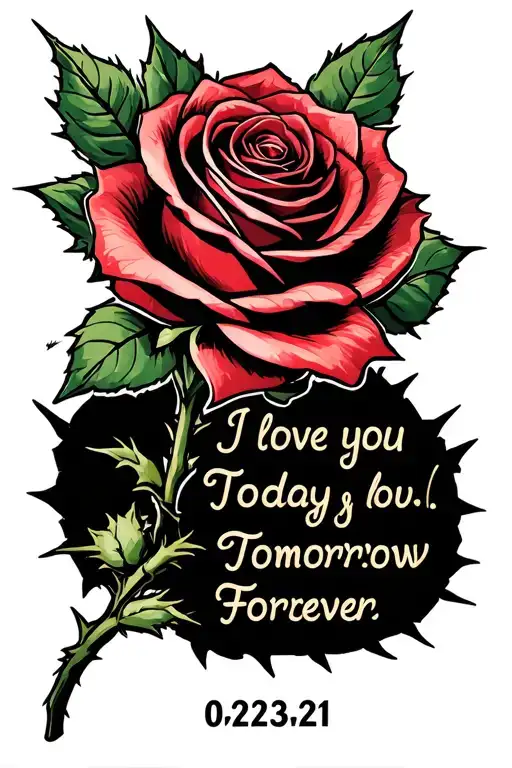 Create a tattoo that’s a rose with thorns and wire says I love you today tomorrow forever at the bottom with 08/23/21 tattoo design idea