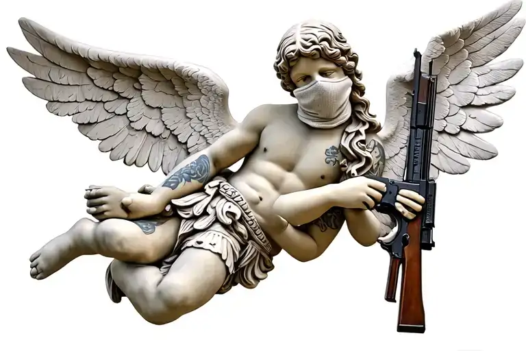 greek physique cupid angel cherub statue,  wearing only a balaclava  ski mask, and holding ak-47 firearms tattoo design idea