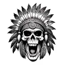 mayan warrior skull with indian feathers facing front screaming war cry tattoo design idea