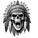 mayan warrior skull with indian feathers facing front screaming war cry tattoo design idea
