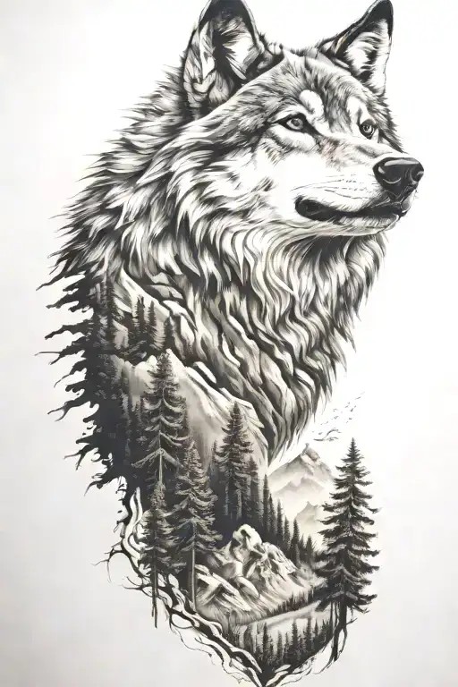wolf and  mountains and trees tattoo design idea