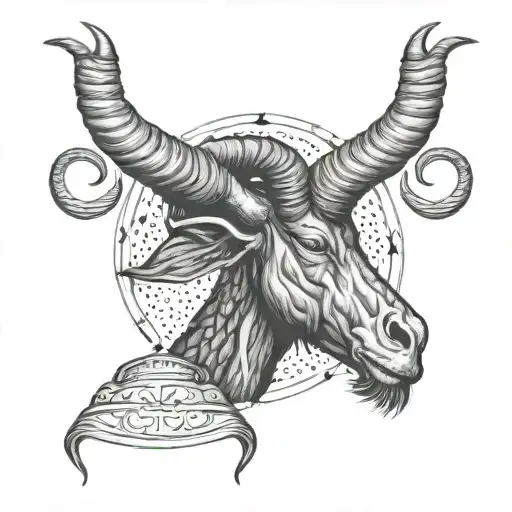 A dotwork tattoo of a Capricorn symbol surrounded by praying hands to showcase faith and zodiac sign tattoo design idea