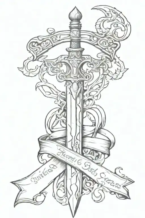 bastard sword with a banner running horizontally reading Psalms 3:27 tattoo design idea