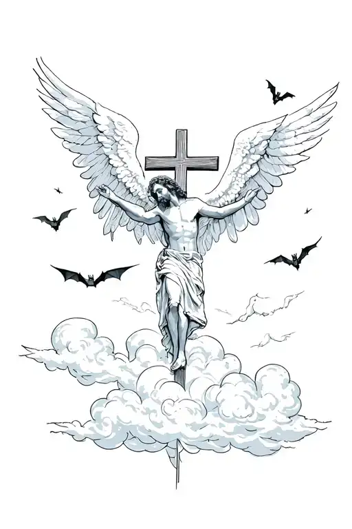 angels flying and bats flying and jesus cross by itself and clouds tattoo design idea