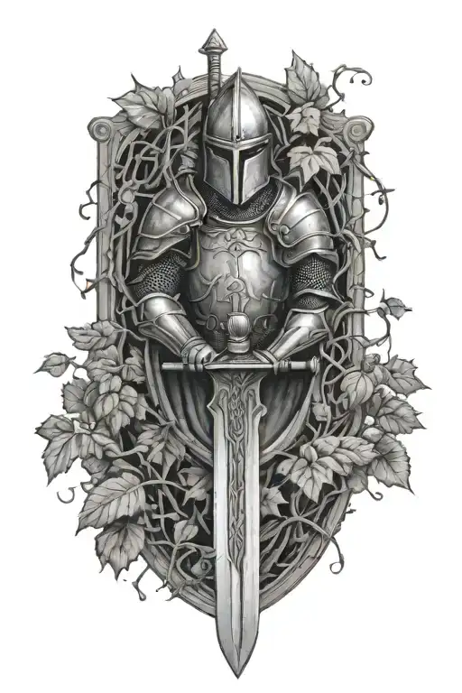 knight, sword, vines covering, creeping vines, realistic sword tattoo design idea