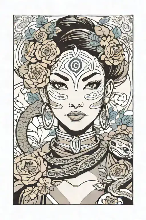 face of Kiyoshi woman from avatar the last air bender, simple line sketch style with flowers and snake in the background tattoo design idea
