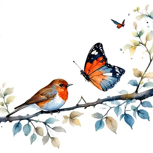 robin and butterfly together on thin branch tattoo design idea
