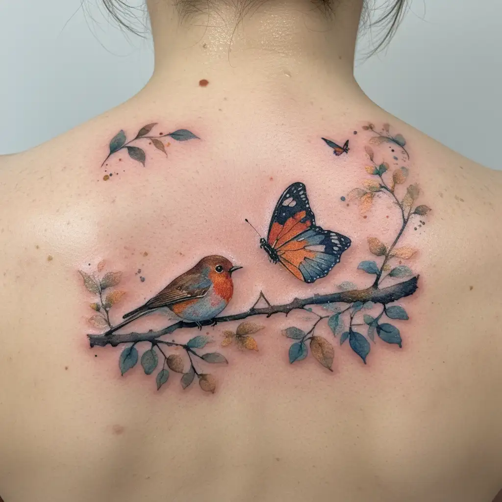 robin and butterfly together on thin branch tattoo design idea