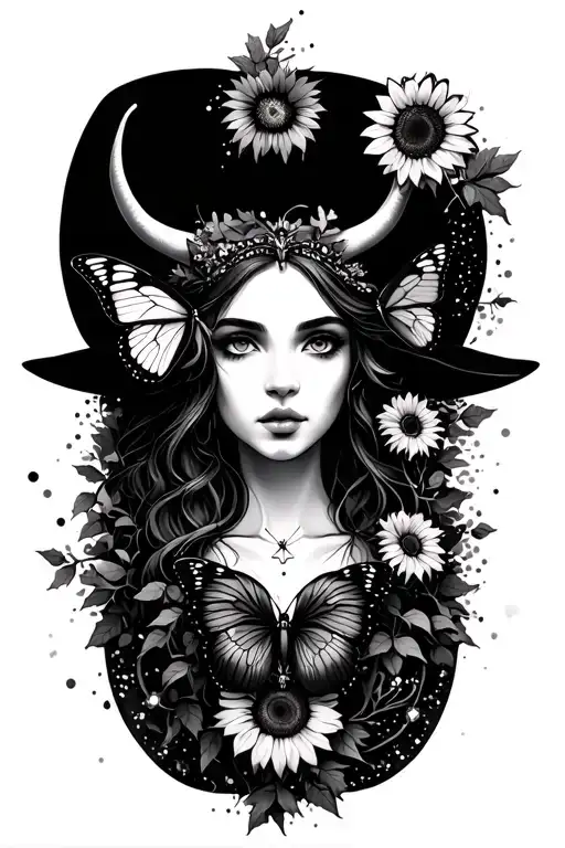 Witchy, ivy, Taurus, butterflies, goddess, caterpillars, dots, stars, sunflowers and wild  tattoo design idea