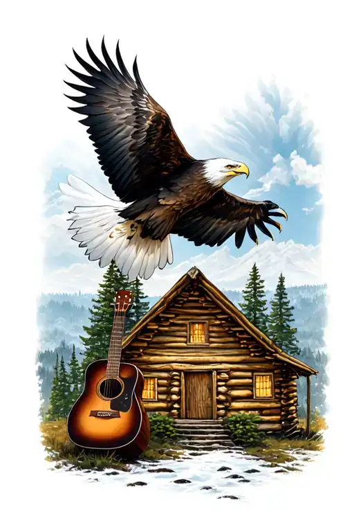 Log Cabin With An Acoustic Guitar In Front And An Eagle Flying Above. Nature Scene Tattoo tattoo design idea