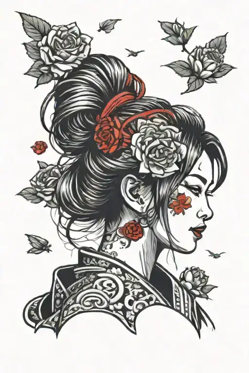 girl standing looking up to the sky with red roses in her hair with samurai hairstyle tattoo design idea