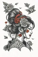 girl standing looking up to the sky with red roses in her hair with samurai hairstyle tattoo design idea