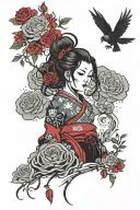 girl standing looking up to the sky with red roses in her hair with samurai hairstyle tattoo design idea