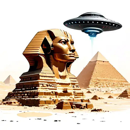 ufo beaming over pyramid of Giza with great sphinx of giza tattoo design idea