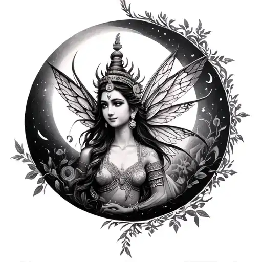 Khmer Fairy In Moon phases tattoo design idea