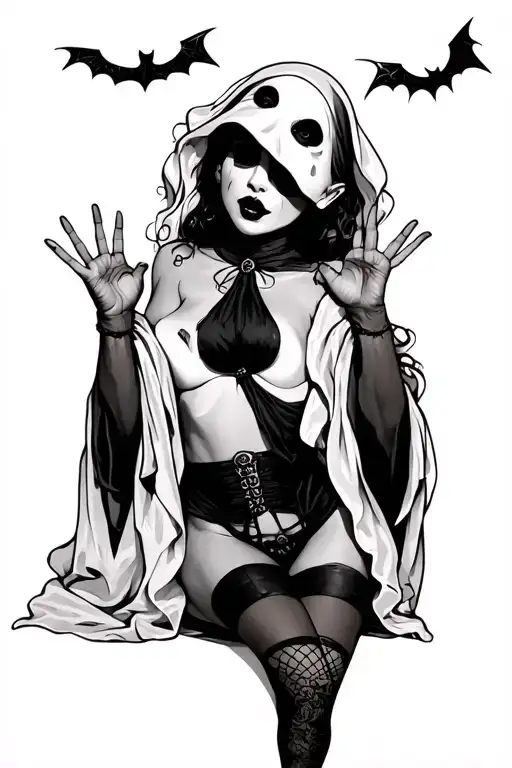 Halloween ghost pin up girl, wearing half a sheet with thigh highs and garter, and with both middle fingers up tattoo design idea
