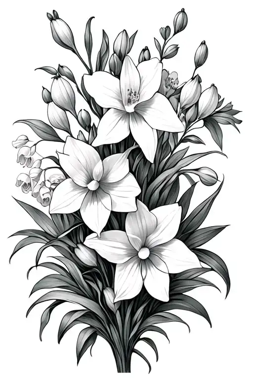 Narcissus, larkspur, and Lilly of the Valley flower bouquet tattoo design idea