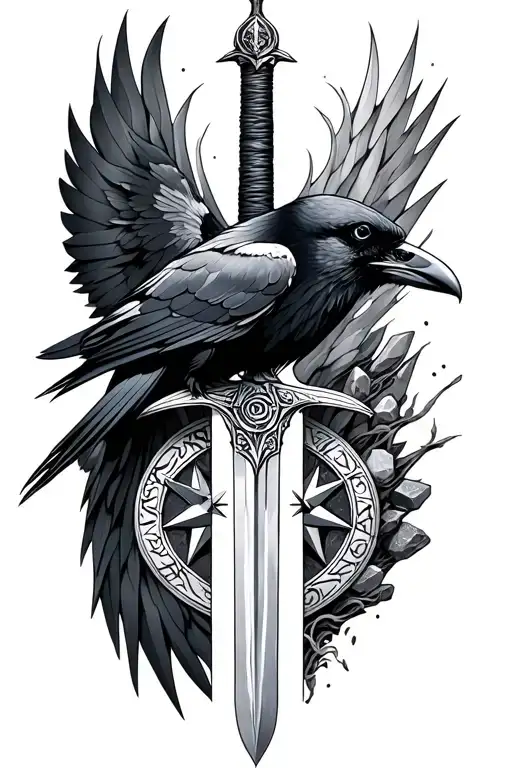 I would like a sword with a raven, rune stones and a viking compass blending into the skin. I want it to be traditional  tattoo design idea