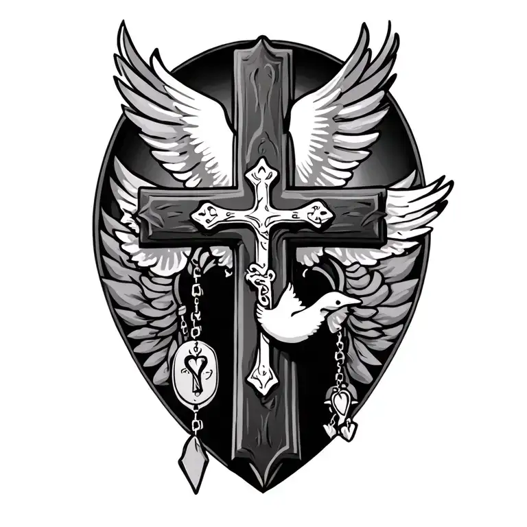 cross and rosary with dove flying in background  tattoo design idea