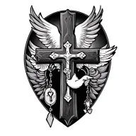 cross and rosary with dove flying in background  tattoo design idea