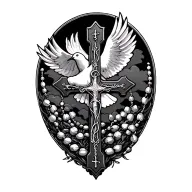 cross and rosary with dove flying in background  tattoo design idea
