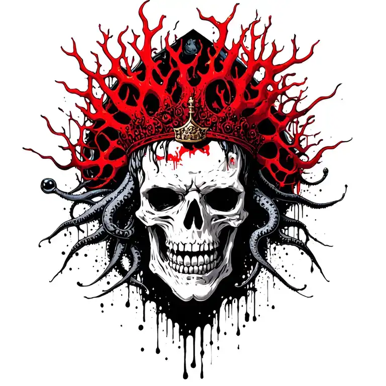 King Of Bones With A Coral Crown, Hades 2 Style, Eldritch, Tentacles, Lovecraftian, Deep Sea tattoo design idea