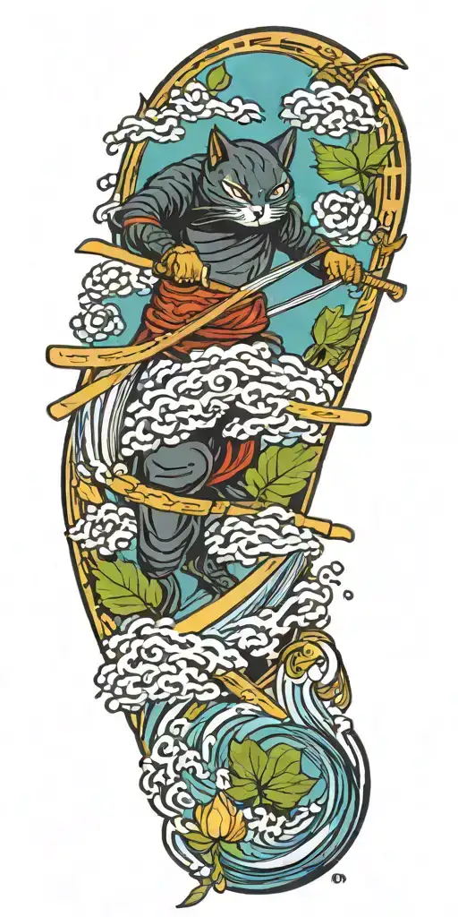 ninja cat surfing on a katana sword, tail, water, waves, lotus, sakura, clouds, whirlpool, leaves, peony tattoo design idea