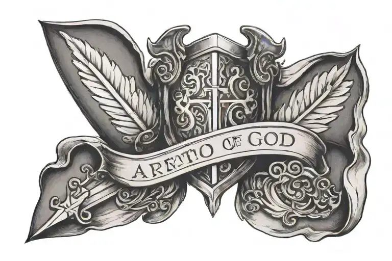 A tattoo design featuring the “Armor of God” inspired by the Bible verse Ephesians 6:10-18. The tattoo is positioned on  tattoo design idea