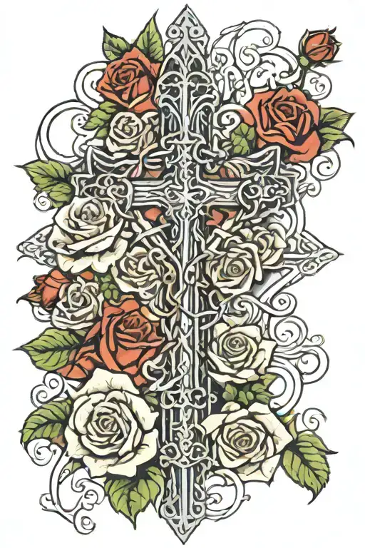 Romans 8:11 on top sacred heart of jesus cross surrounded by roses with thorns Romans 8:11 in a banner tattoo design idea