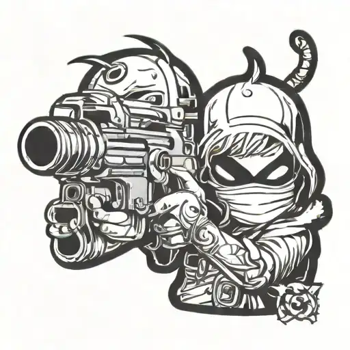 baby with gun in hand and mask on face tattoo design idea