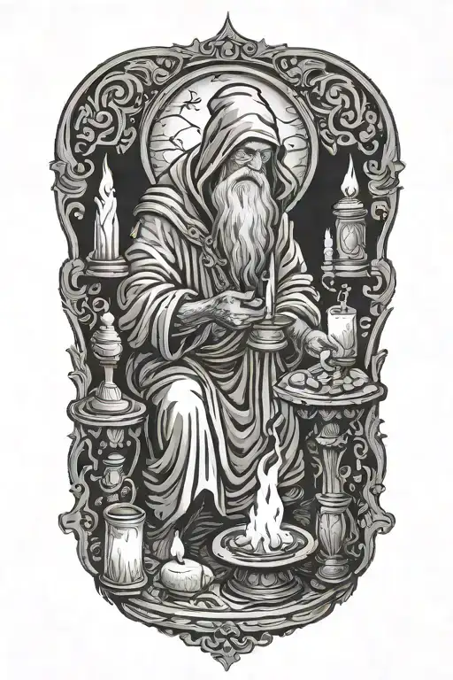 Hermit performing a ritual, candles, altar tattoo design idea