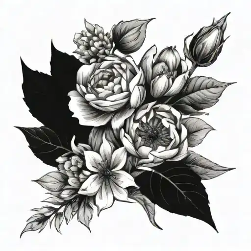 birth flower bouquet fine line, peony, aster, cherry blossom, daffodil, rose, full, leafy tattoo design idea