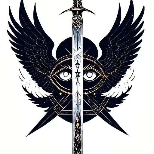 celestial sword with biblical accurate angel eyes and wings  tattoo design idea