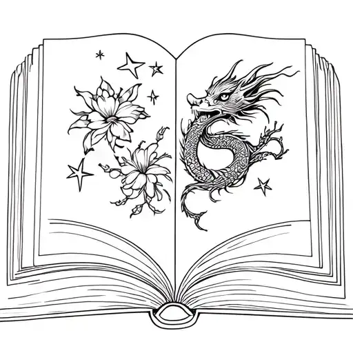 An open book from which spell -like stars, a dragon, some flower, a tangled china lantern come out tattoo design idea