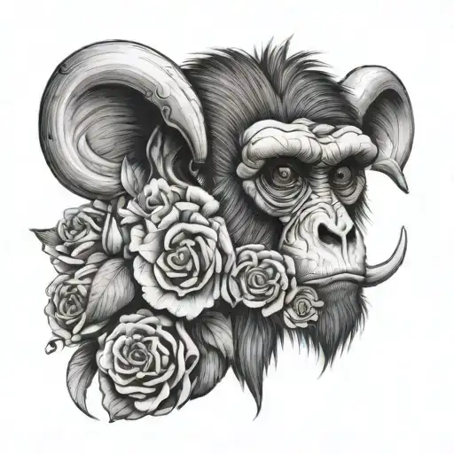 monkey with Ram Skull with Flowers tattoo design idea