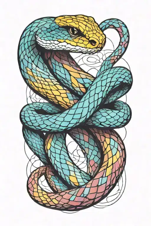 Psychedelic snake intertwined with abstract geometric shapes . эскиз должен быть в ярких цветах. много психоделики tattoo design idea