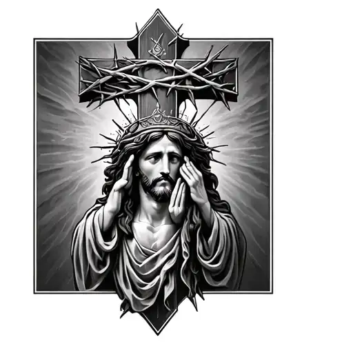Cross with crown of thorns intertwined with jesus praying tattoo design idea
