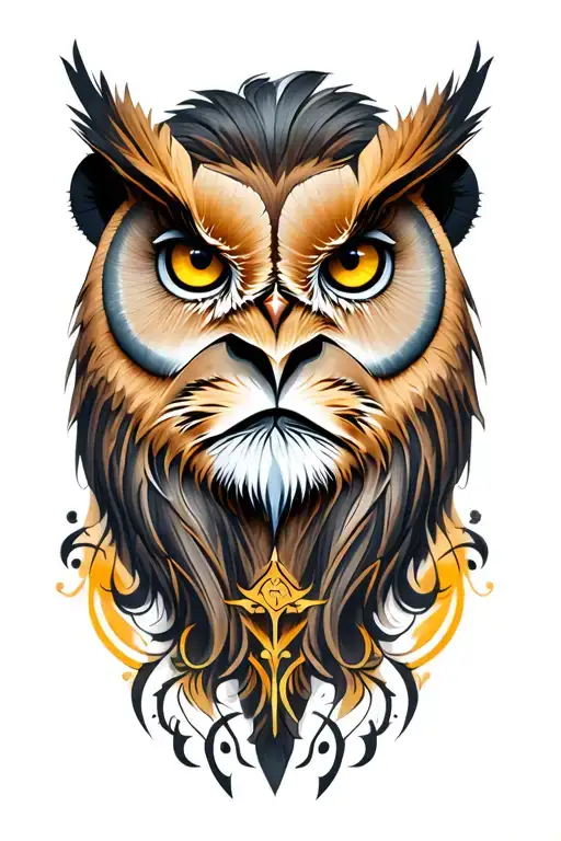 Lion And owl with third eye symbol integrated tattoo design idea