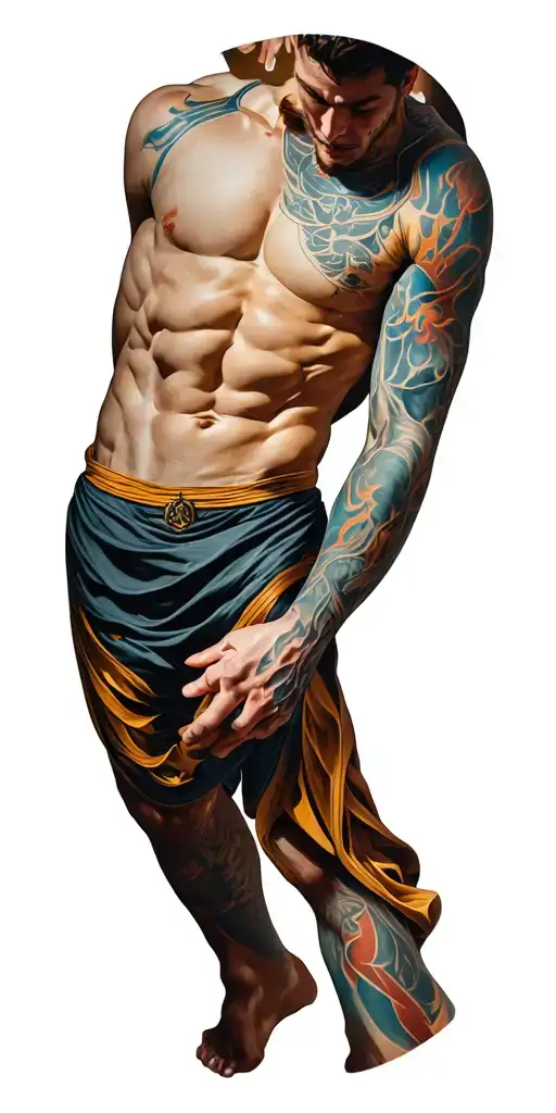 A mythologically driven, emotionally resonant full sleeve based on Virtus, depicting the trials of the athlete, from iso tattoo design idea