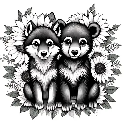  cute baby wolf and bear sitting with sunflowers and roses. black tattoo design idea