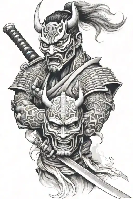 full sleeve with samurai and Hannya and Oni mask below tattoo design idea