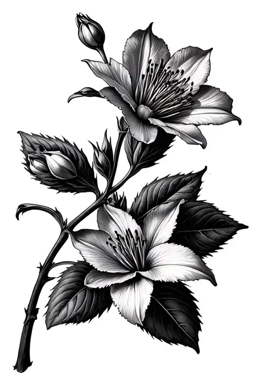 delicate curving stem of clematis Bill Mackenzie, with buds and 2 flowers, one of which is half-closed tattoo design idea