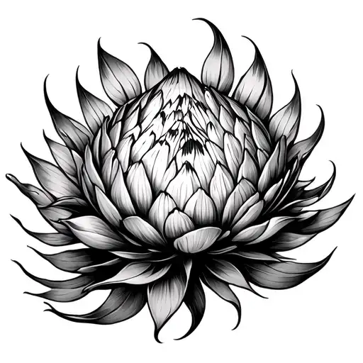 A treble clef that morphs into Protea petals blooming. Table Mountain outline in the flow tattoo design idea