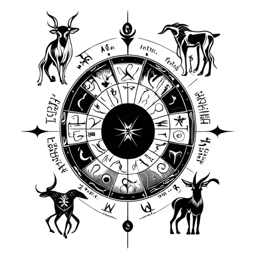 An abstract interpretation of the zodiac signs Virgo, Taurus, Capricorn, and Cancer as part of a larger sleeve tattoo design on the biceps tattoo design idea