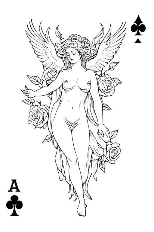 Aphrodite with doves, roses, shells spitfire ace of spades tattoo design idea