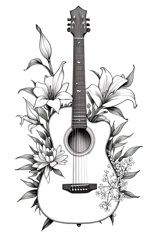 calla lilies, day lilies, water lilies, honey suckles, and babies breath flowers on a guitar  tattoo design idea