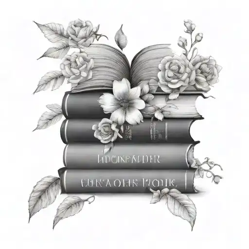 three books stacked, top book open with flowers growing, words encircling flowers tattoo design idea