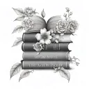three books stacked, top book open with flowers growing, words encircling flowers tattoo design idea