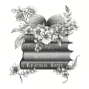 three books stacked, top book open with flowers growing, words encircling flowers tattoo design idea